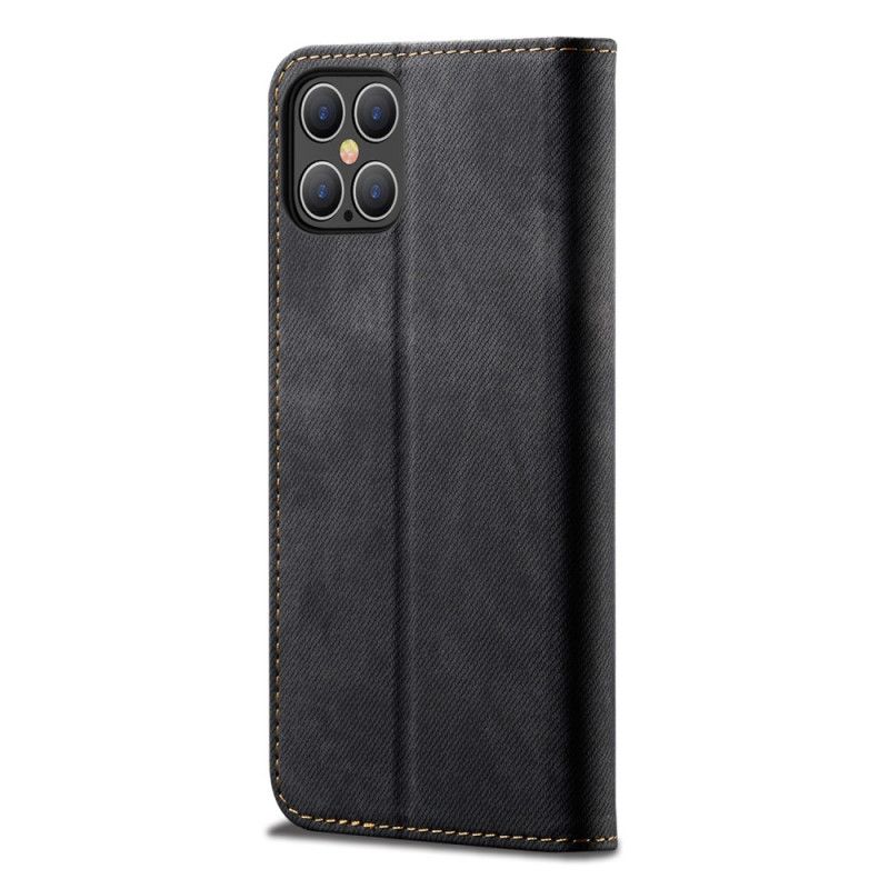 Folio-hoesje iPhone 12 Pro Max Donkerblauw Zwart Telefoonhoesje Jeans Met Imitatieleerstructuur