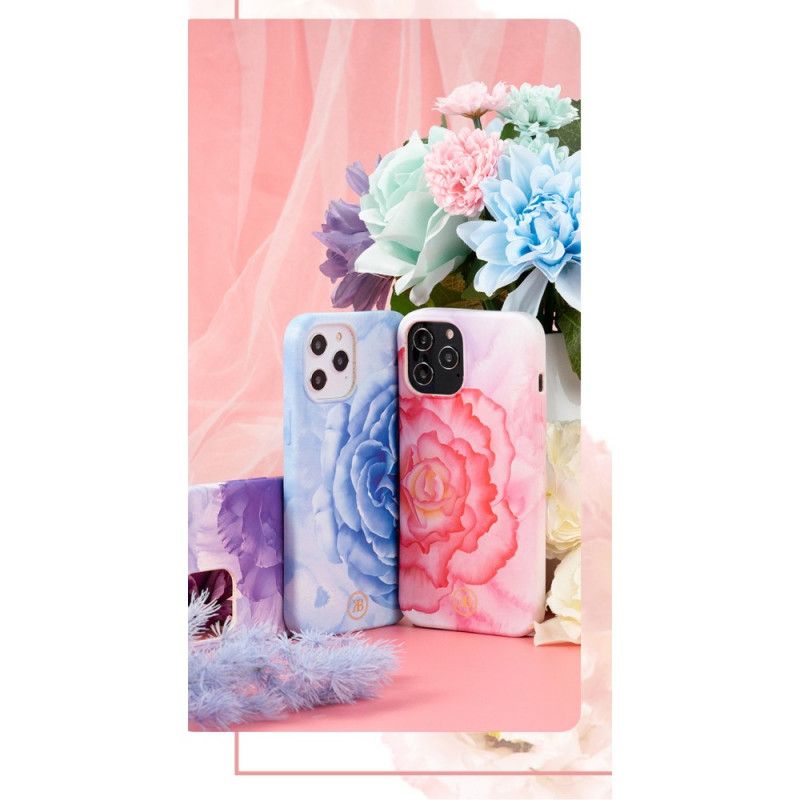 Hoesje iPhone 12 Pro Max Donkerblauw Roze Bloemen Luxe Kingxbar