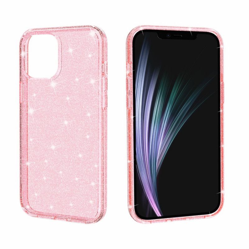 Hoesje iPhone 12 Pro Max Roze Grijs Transparante Glitter