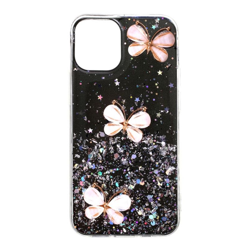 Hoesje iPhone 12 Pro Max Roze Zwart 3D Vlinder Glitter