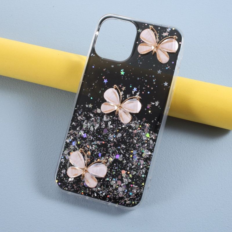 Hoesje iPhone 12 Pro Max Roze Zwart 3D Vlinder Glitter