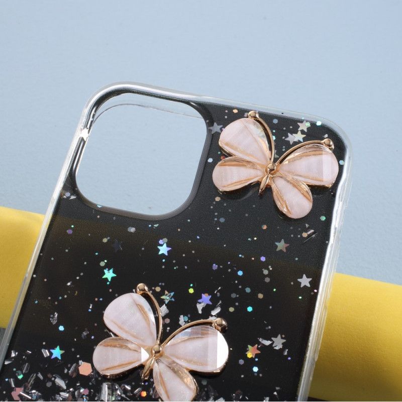 Hoesje iPhone 12 Pro Max Roze Zwart 3D Vlinder Glitter