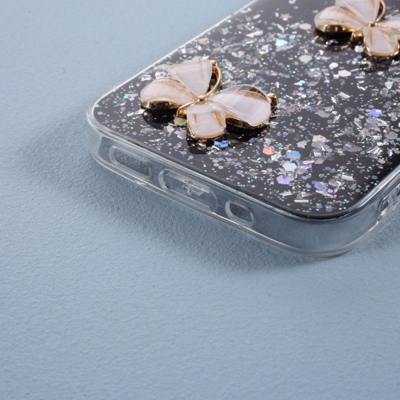 Hoesje iPhone 12 Pro Max Roze Zwart 3D Vlinder Glitter