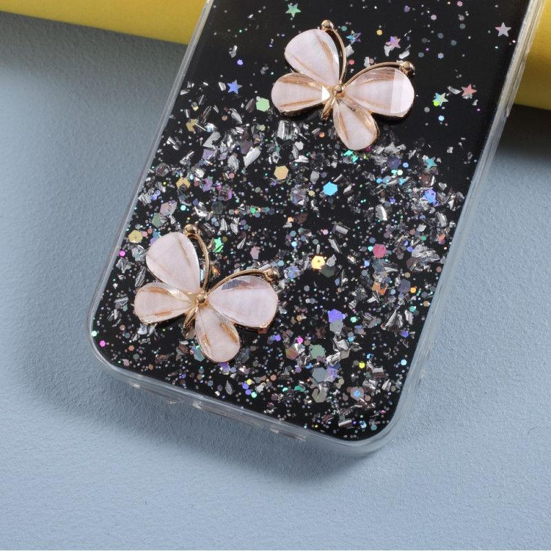 Hoesje iPhone 12 Pro Max Roze Zwart 3D Vlinder Glitter