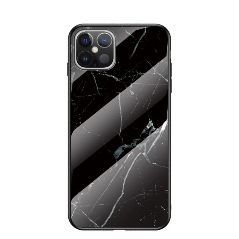 Hoesje iPhone 12 Pro Max Wit Zwart Marmeren Kleuren Gehard Glas