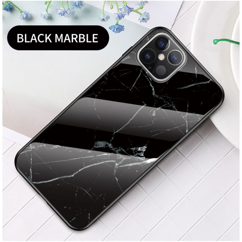 Hoesje iPhone 12 Pro Max Wit Zwart Marmeren Kleuren Gehard Glas