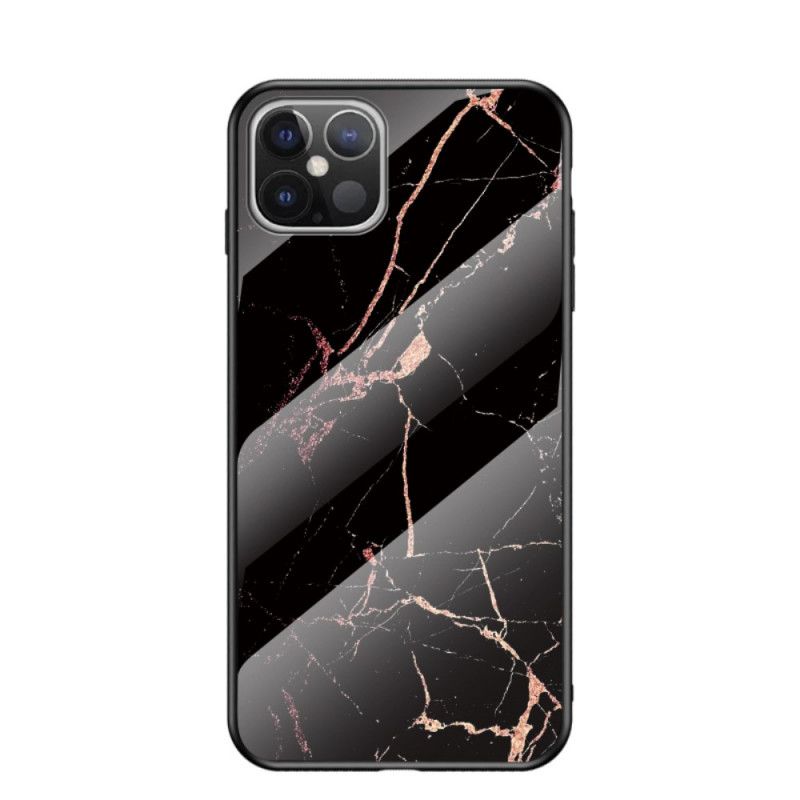 Hoesje iPhone 12 Pro Max Wit Zwart Marmeren Kleuren Gehard Glas