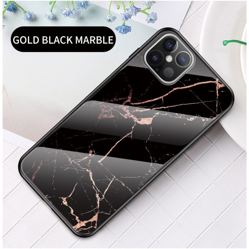 Hoesje iPhone 12 Pro Max Wit Zwart Marmeren Kleuren Gehard Glas