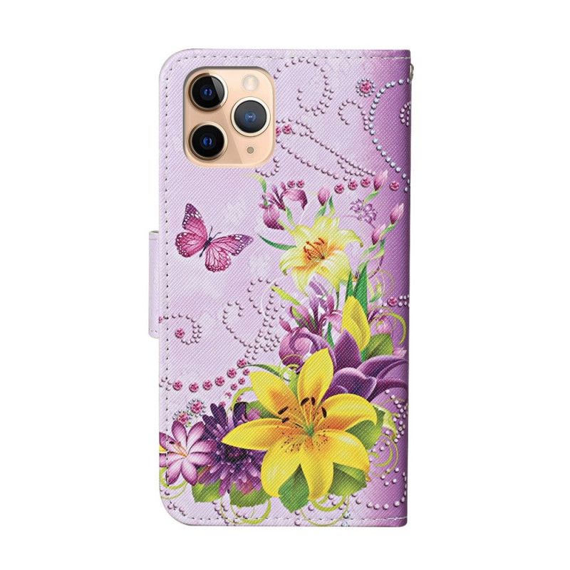 Leren Hoesje iPhone 12 Pro Max Lichtblauw Magenta Meesterlijke Bloemen Met String