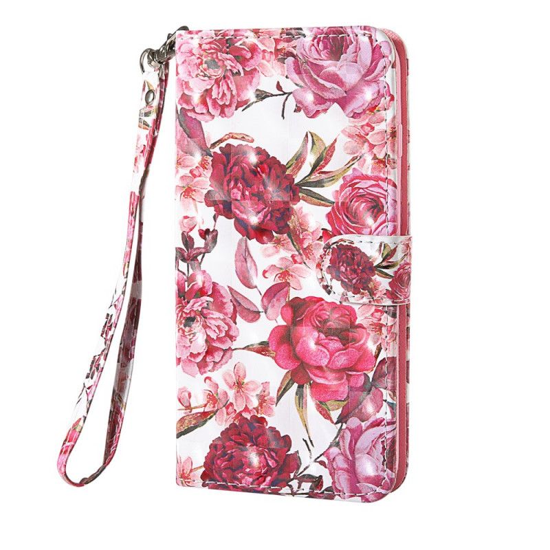 Leren Hoesje iPhone 12 Pro Max Rood Wit Lichte Vlekjes Bloemen Met Riempje