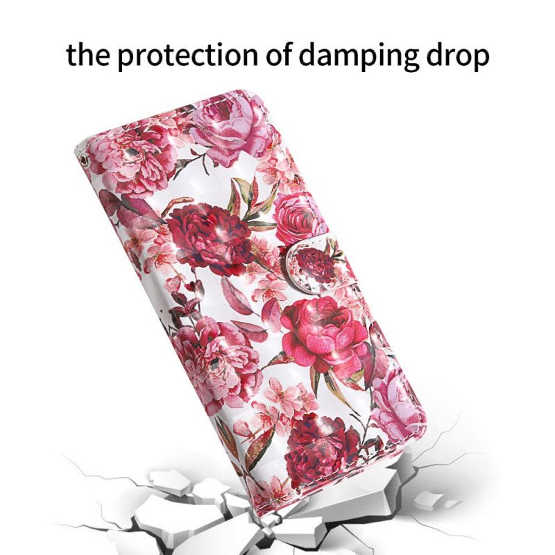 Leren Hoesje iPhone 12 Pro Max Rood Wit Lichte Vlekjes Bloemen Met Riempje