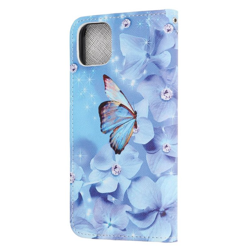 Leren Hoesje voor iPhone 12 Pro Max Diamanten Vlinders Met String