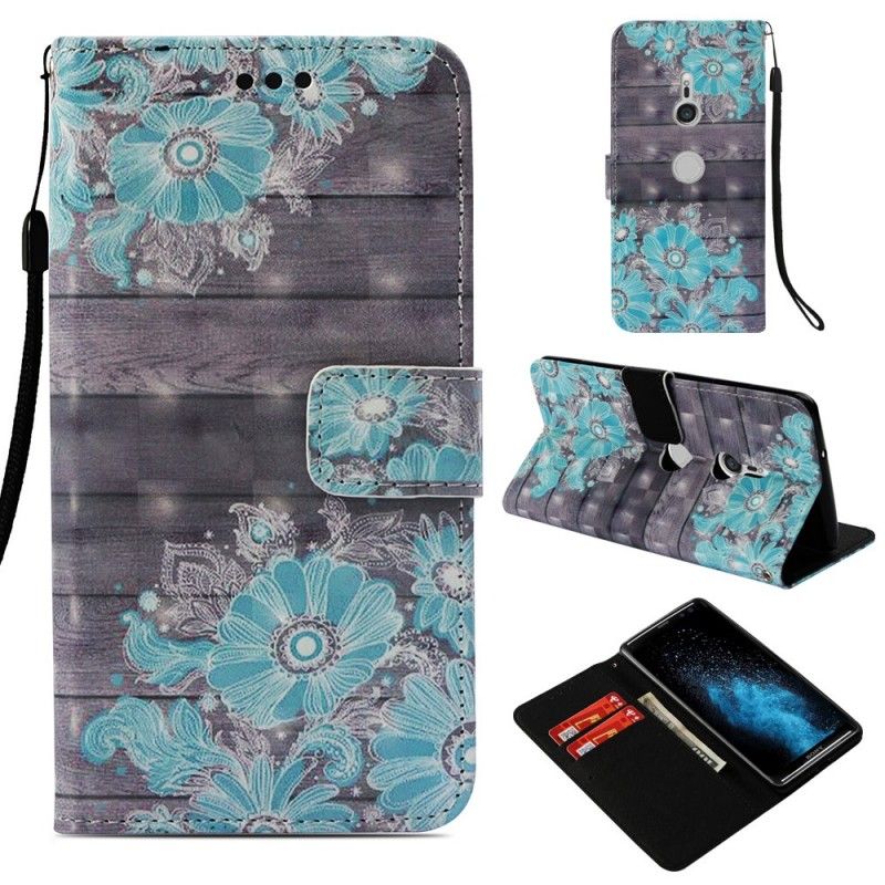 Leren Hoesje voor Sony Xperia XZ3 3D Blauwe Bloemen