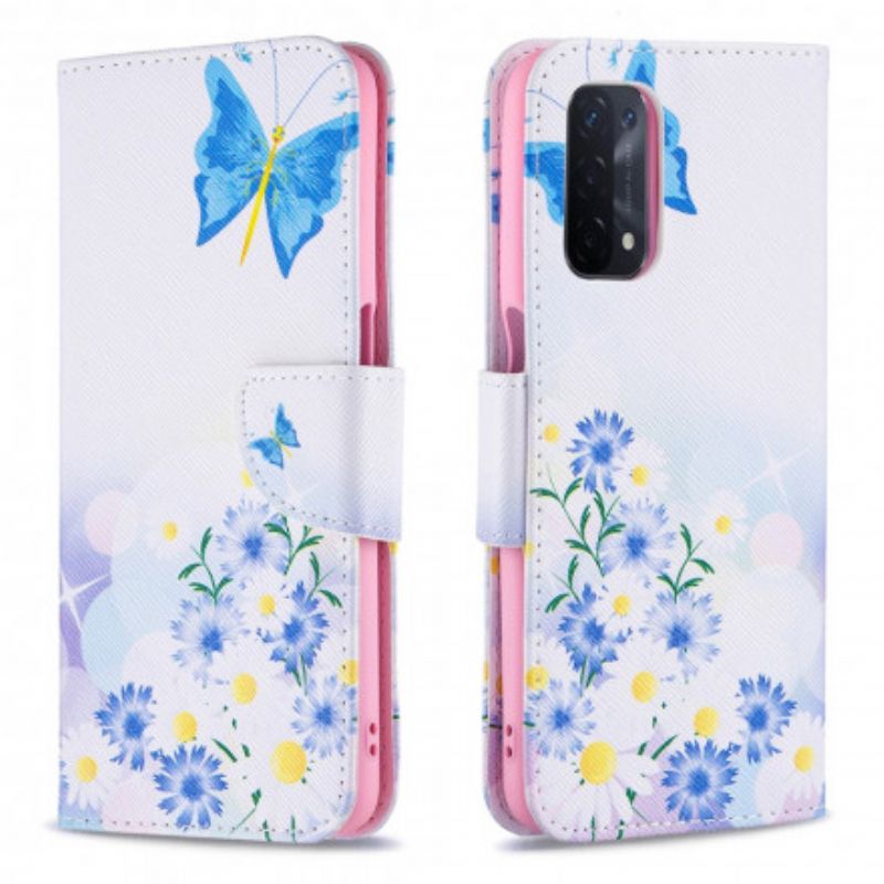 Leren Hoesje Oppo A54 5g / A74 5g Geschilderde Vlinders En Bloemen Bescherming Hoesje