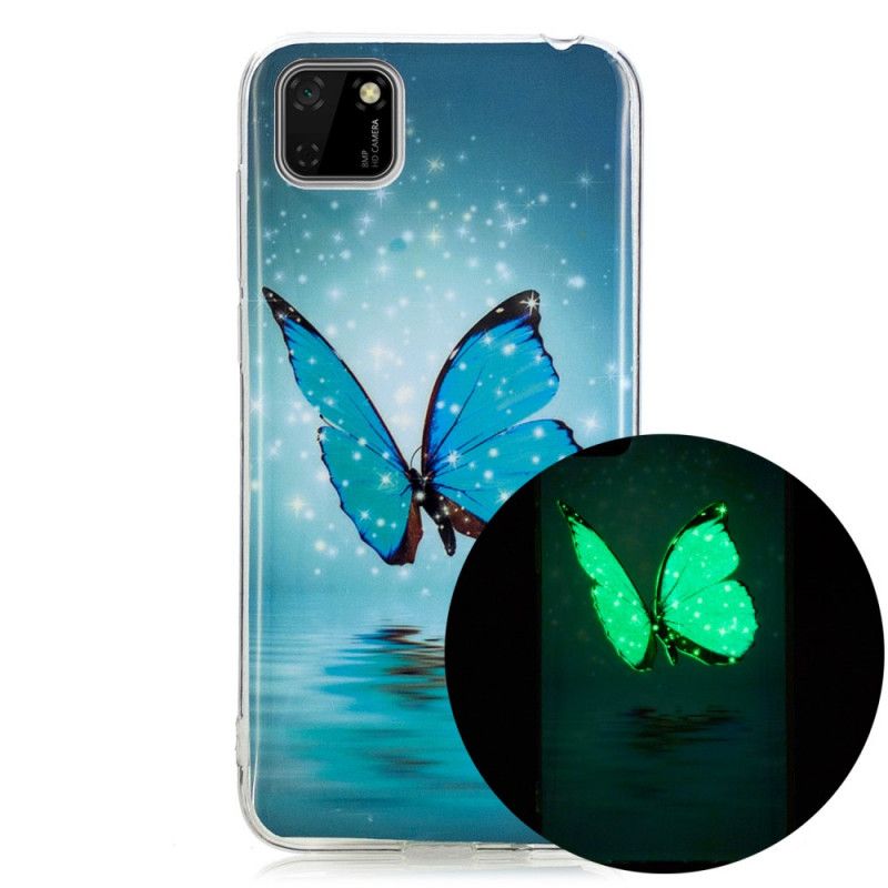 Case Hoesje Huawei Y5p Telefoonhoesje Fluorescerende Blauwe Vlinder