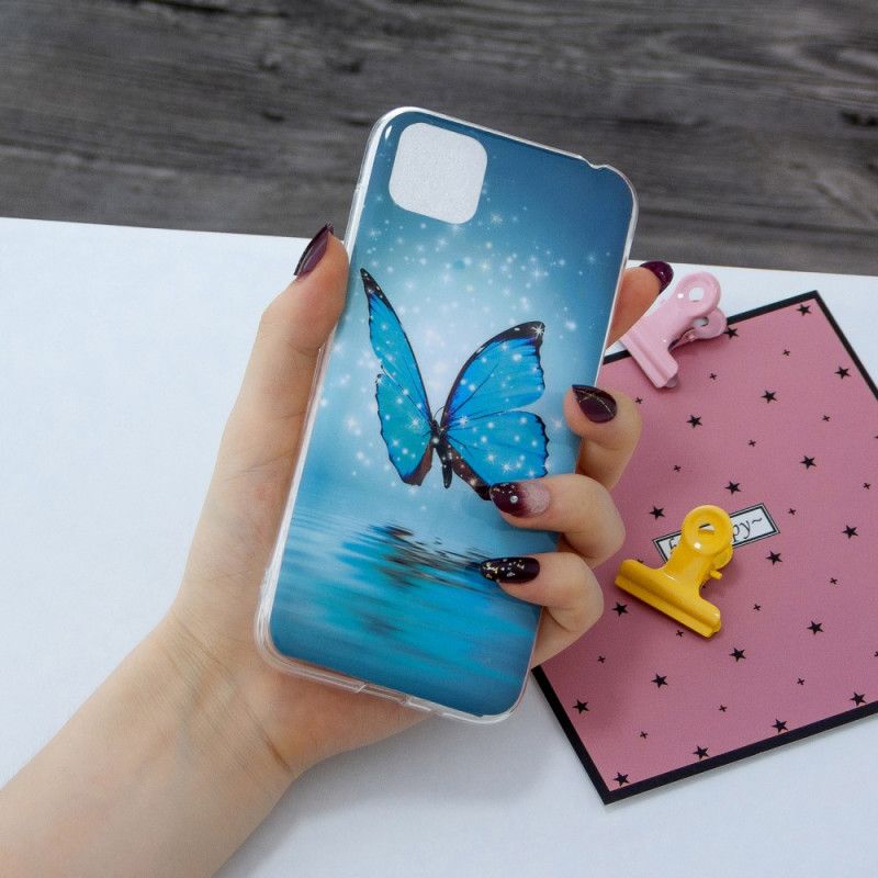 Case Hoesje Huawei Y5p Telefoonhoesje Fluorescerende Blauwe Vlinder