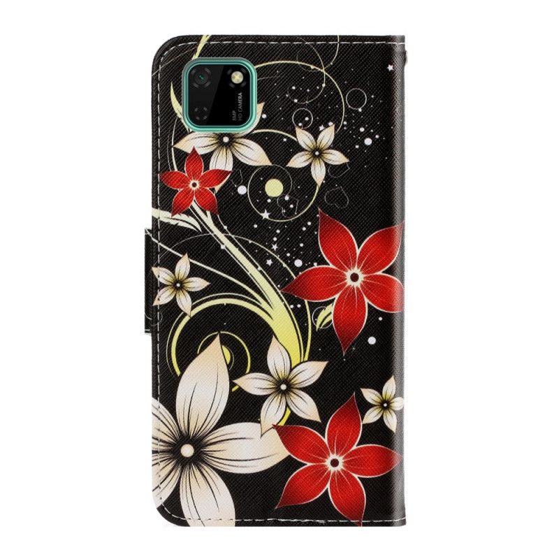 Flip Case Leren Huawei Y5p Kleurrijke Bloemen Met String