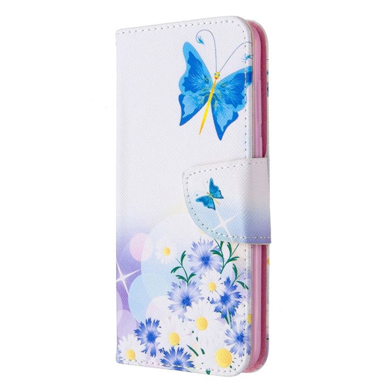 Flip Case Leren Huawei Y5p Lichtblauw Magenta Geschilderde Vlinders En Bloemen