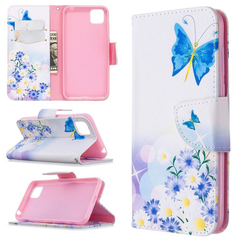 Flip Case Leren Huawei Y5p Lichtblauw Magenta Geschilderde Vlinders En Bloemen