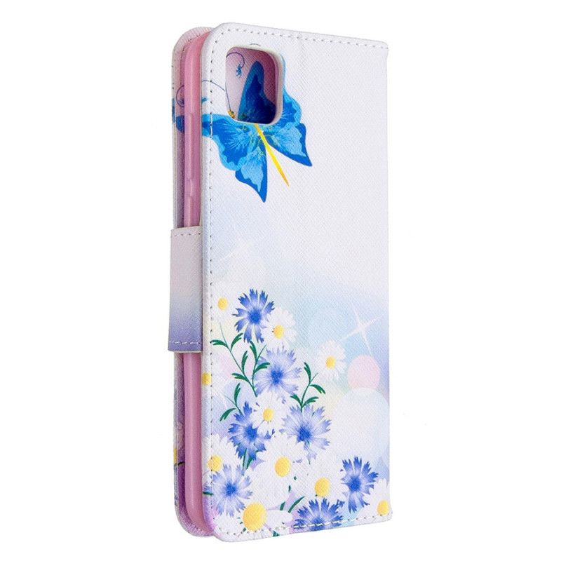 Flip Case Leren Huawei Y5p Lichtblauw Magenta Geschilderde Vlinders En Bloemen