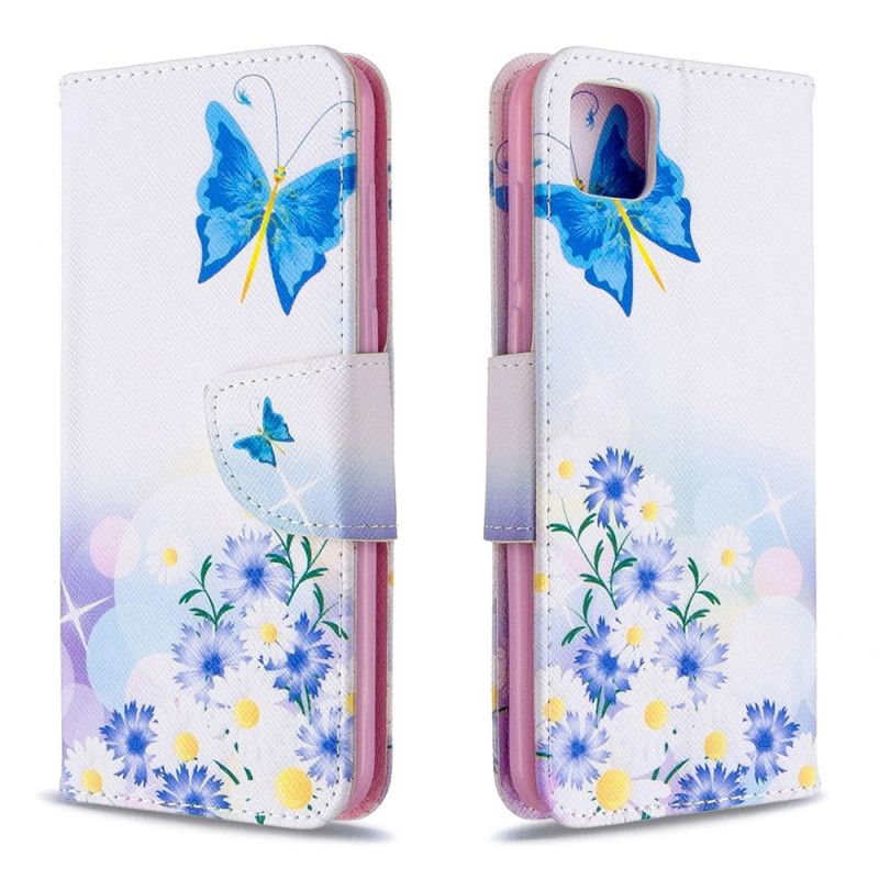 Flip Case Leren Huawei Y5p Lichtblauw Magenta Geschilderde Vlinders En Bloemen