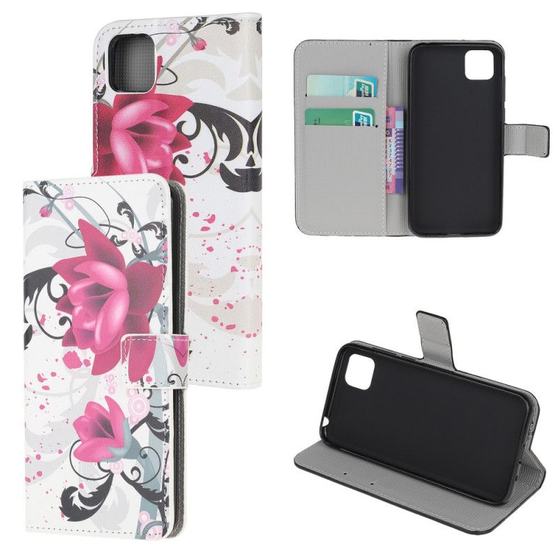 Flip Case Leren Huawei Y5p Roze Magenta Tropische Bloemen