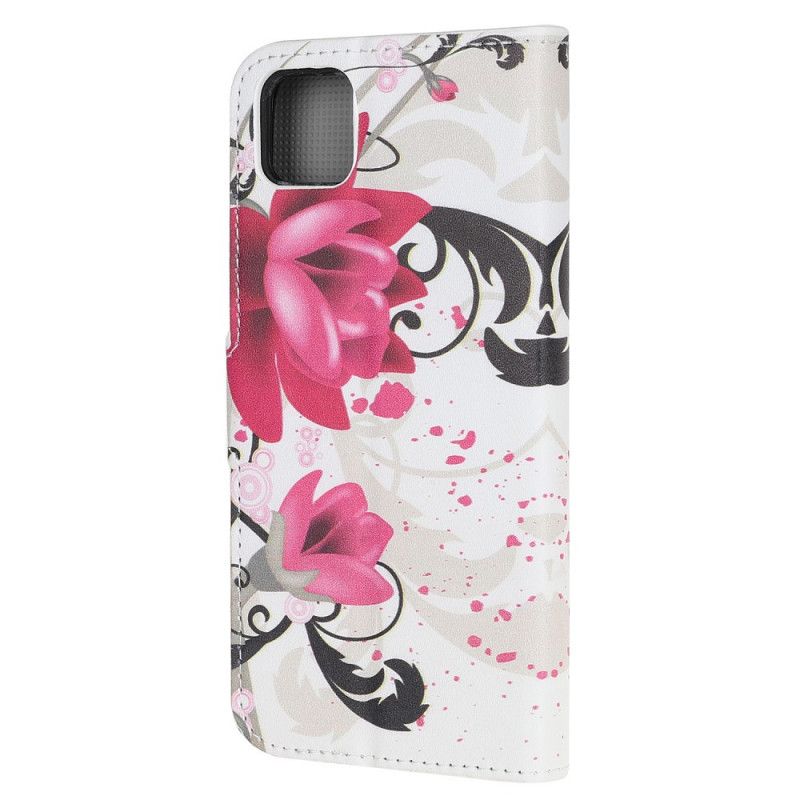 Flip Case Leren Huawei Y5p Roze Magenta Tropische Bloemen