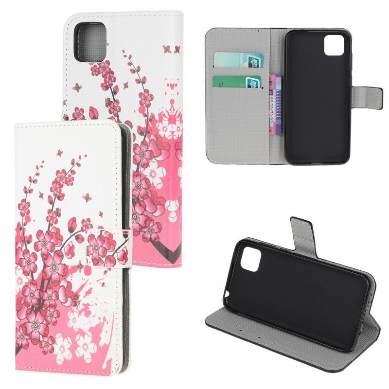 Flip Case Leren Huawei Y5p Roze Magenta Tropische Bloemen