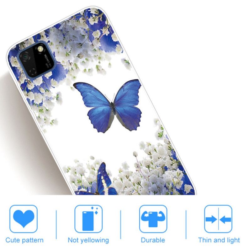 Hoesje voor Huawei Y5p Goud Donkerblauw Vlinders