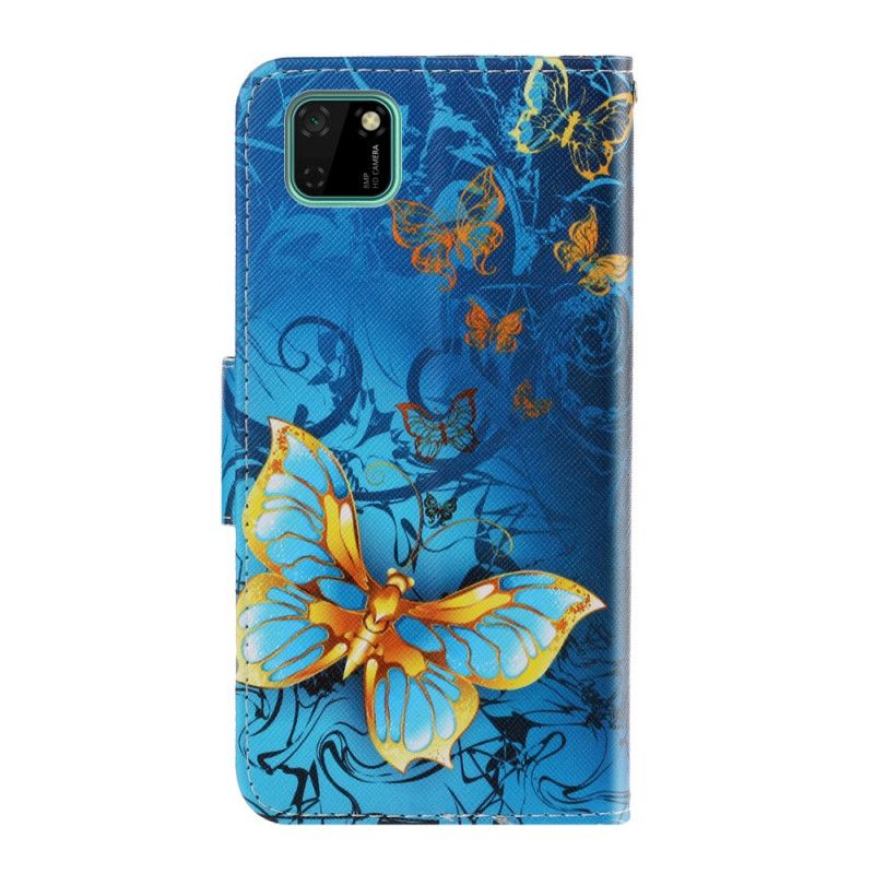 Leren Hoesje Huawei Y5p Goud Donkerblauw Vlindervariaties Met String