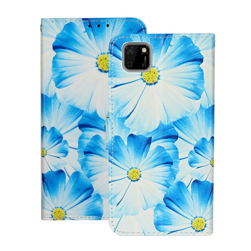 Leren Hoesje Huawei Y5p Lichtblauw Zwart Telefoonhoesje Talloze Bloemen