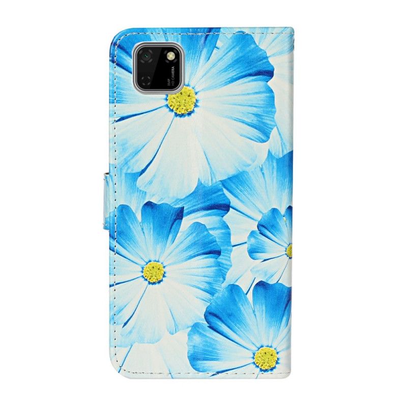 Leren Hoesje Huawei Y5p Lichtblauw Zwart Telefoonhoesje Talloze Bloemen