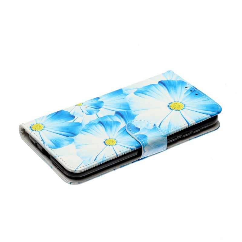 Leren Hoesje Huawei Y5p Lichtblauw Zwart Telefoonhoesje Talloze Bloemen