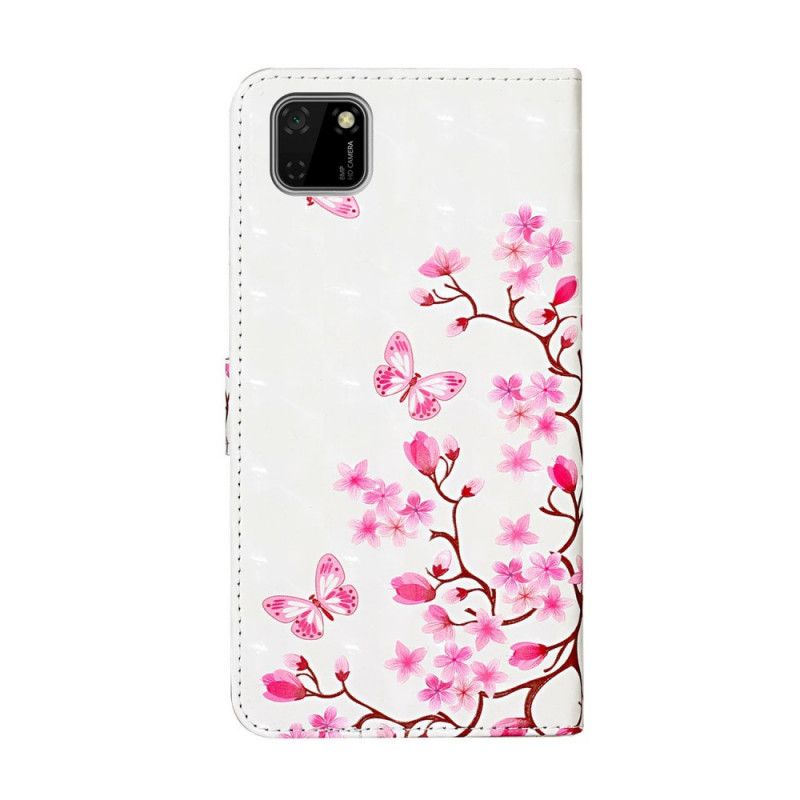 Leren Hoesje Huawei Y5p Magenta Wit Roze Plant