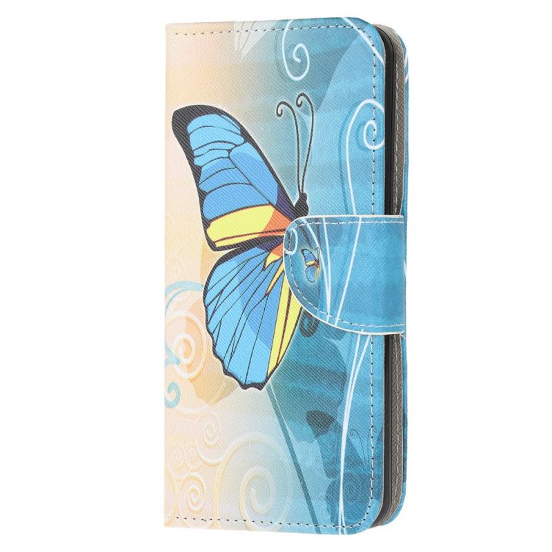 Leren Hoesje Huawei Y5p Paars Lichtblauw Vlinders En Bloemen 2