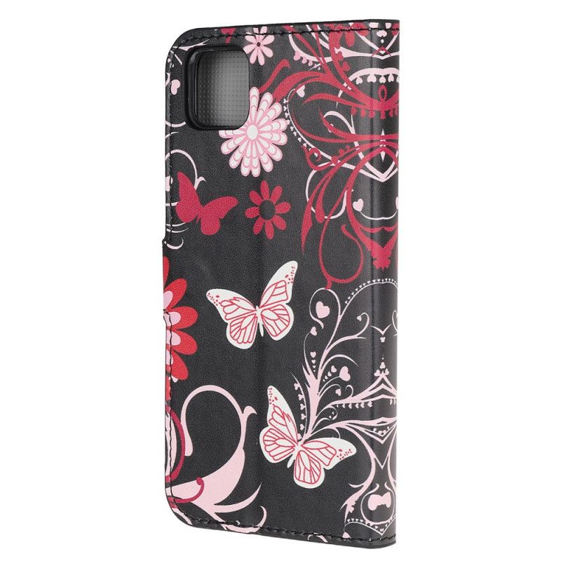 Leren Hoesje Huawei Y5p Wit Zwart Telefoonhoesje Vlinders En Bloemen