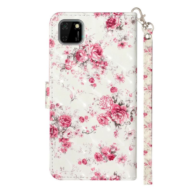 Leren Hoesje voor Huawei Y5p Bloemen Lichtvlekjes Met Riempje