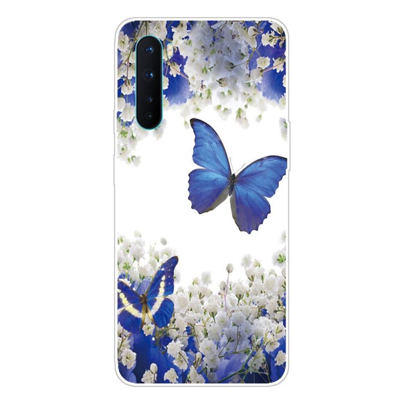 Hoesje OnePlus Nord Goud Donkerblauw Vlinders