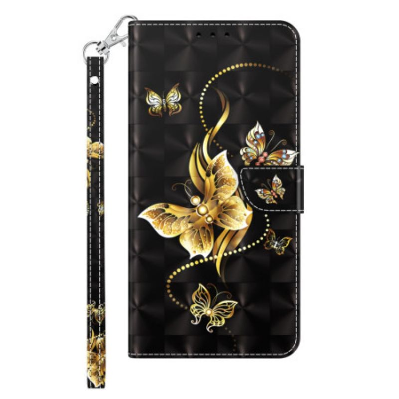 Flip Case Leren Samsung Galaxy S24 Plus 5g Gouden Vlinders Met Riem