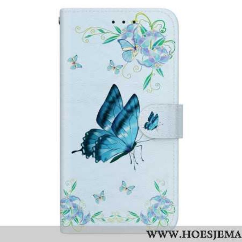 Folio-hoesje Samsung Galaxy S24 Plus 5g Telefoonhoesje Blauwe Vlinder En Bloem Met Riempje