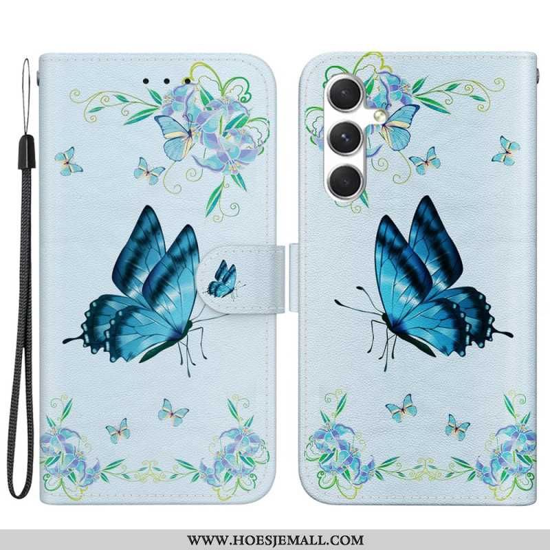 Folio-hoesje Samsung Galaxy S24 Plus 5g Telefoonhoesje Blauwe Vlinder En Bloem Met Riempje