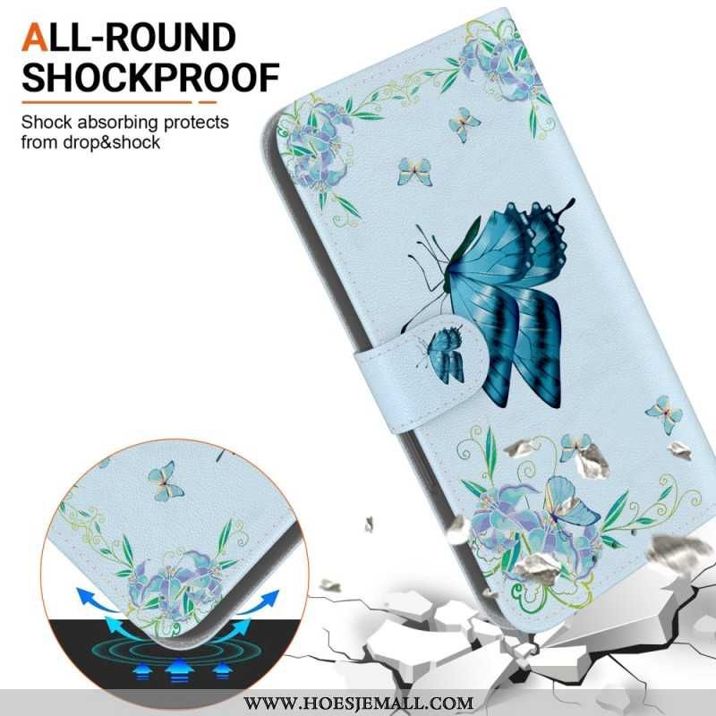 Folio-hoesje Samsung Galaxy S24 Plus 5g Telefoonhoesje Blauwe Vlinder En Bloem Met Riempje