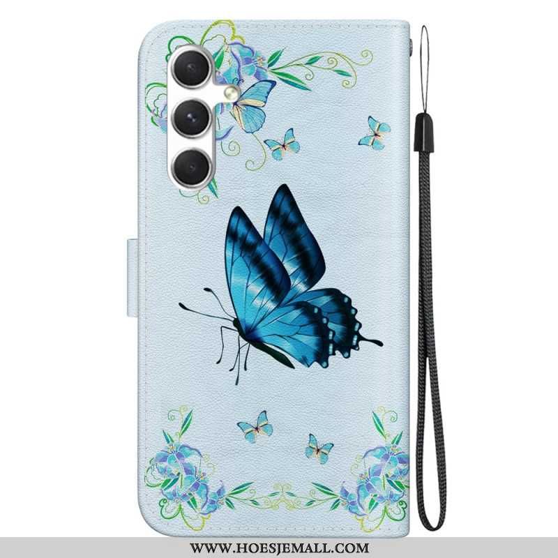 Folio-hoesje Samsung Galaxy S24 Plus 5g Telefoonhoesje Blauwe Vlinder En Bloem Met Riempje