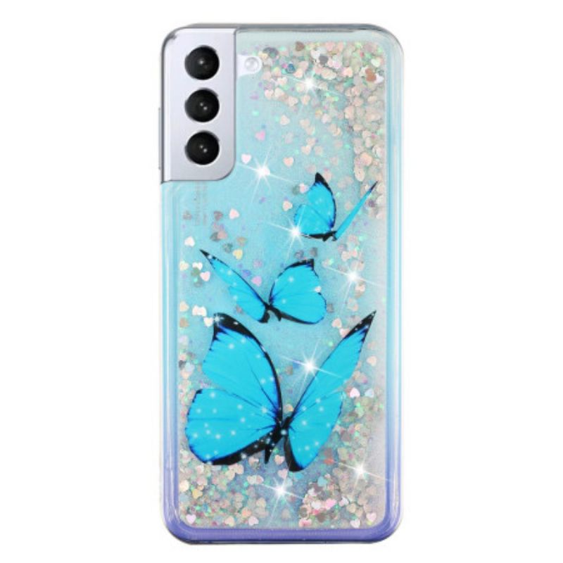 Hoesje Samsung Galaxy S24 Plus 5g Blauwe Vlinders Vloeibare Glitter Bescherming Hoesje