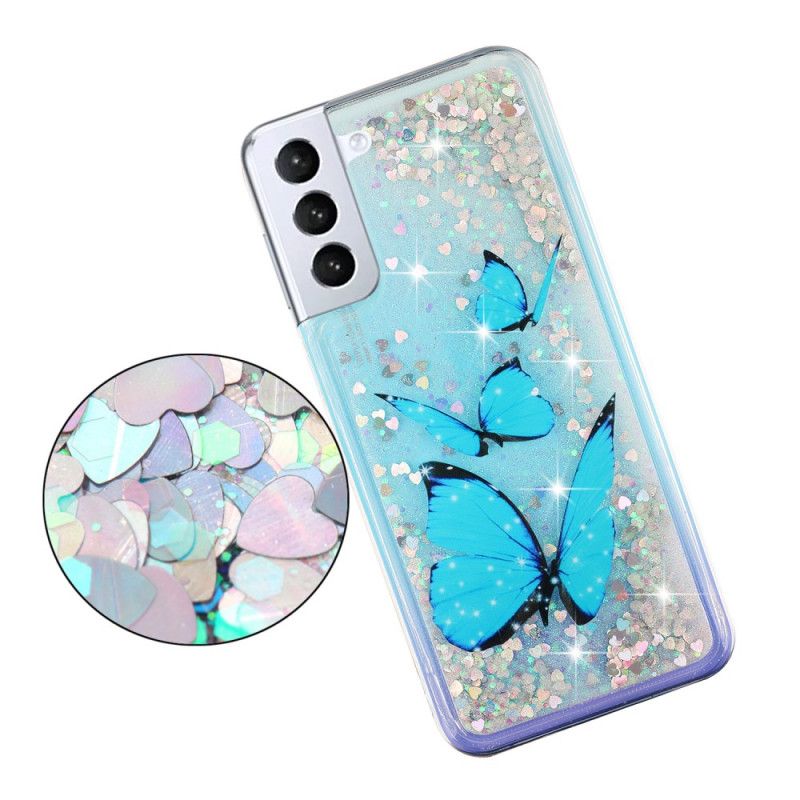 Hoesje Samsung Galaxy S24 Plus 5g Blauwe Vlinders Vloeibare Glitter Bescherming Hoesje