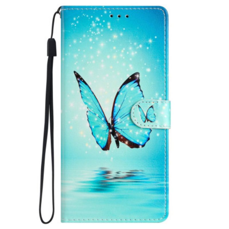 Leren Hoesje Samsung Galaxy S24 Plus 5g Blauwe Vlinder In Draagkoordvlucht Bescherming Hoesje