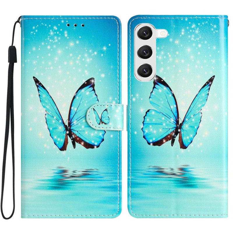 Leren Hoesje Samsung Galaxy S24 Plus 5g Blauwe Vlinder In Draagkoordvlucht Bescherming Hoesje