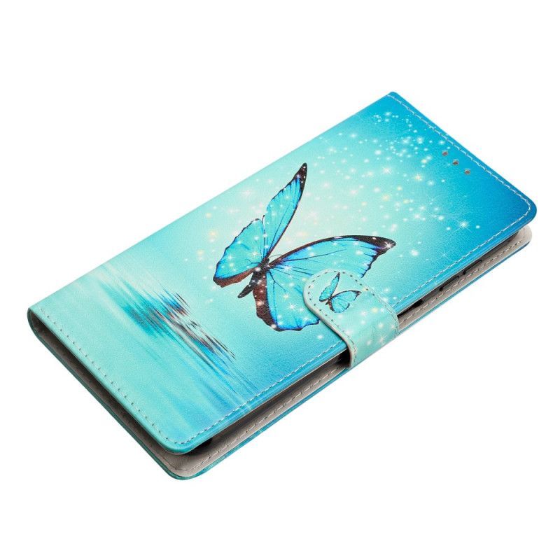 Leren Hoesje Samsung Galaxy S24 Plus 5g Blauwe Vlinder In Draagkoordvlucht Bescherming Hoesje