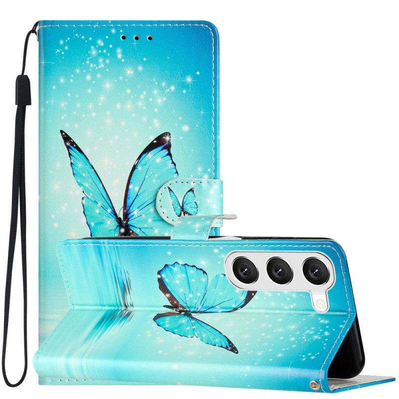 Leren Hoesje Samsung Galaxy S24 Plus 5g Blauwe Vlinder In Draagkoordvlucht Bescherming Hoesje