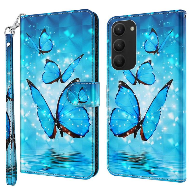 Leren Hoesje Samsung Galaxy S24 Plus 5g Blauwe Vlinders Met Riem Bescherming Hoesje